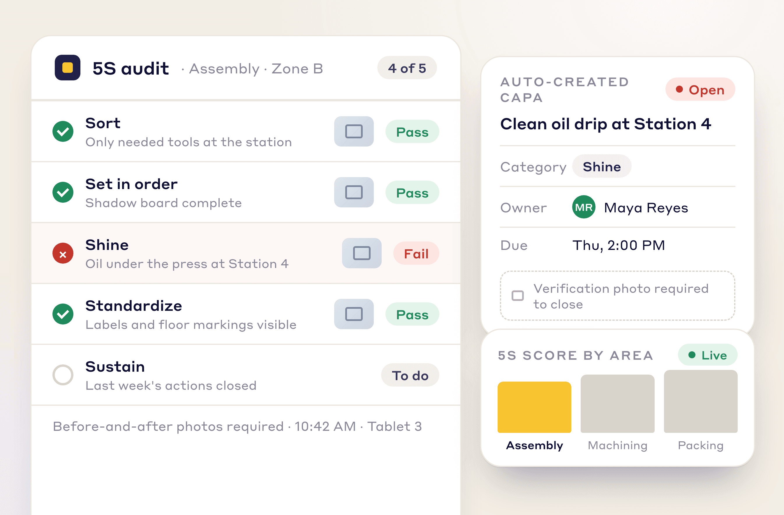 LeanSuite 5S audit: Sort, Set in order, Shine, Standardize and Sustain checks, an auto-created CAPA and 5S scores by area