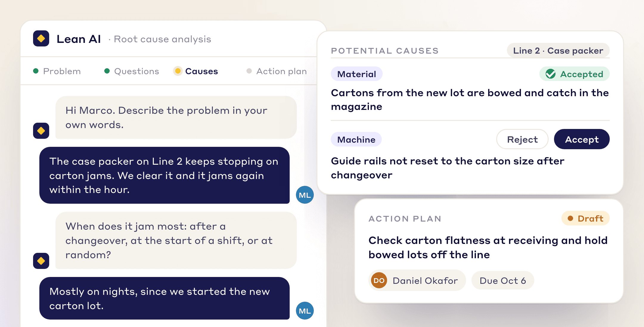 LeanSuite Lean AI root cause analysis: a conversation about a problem, the potential causes it proposes and the action plan