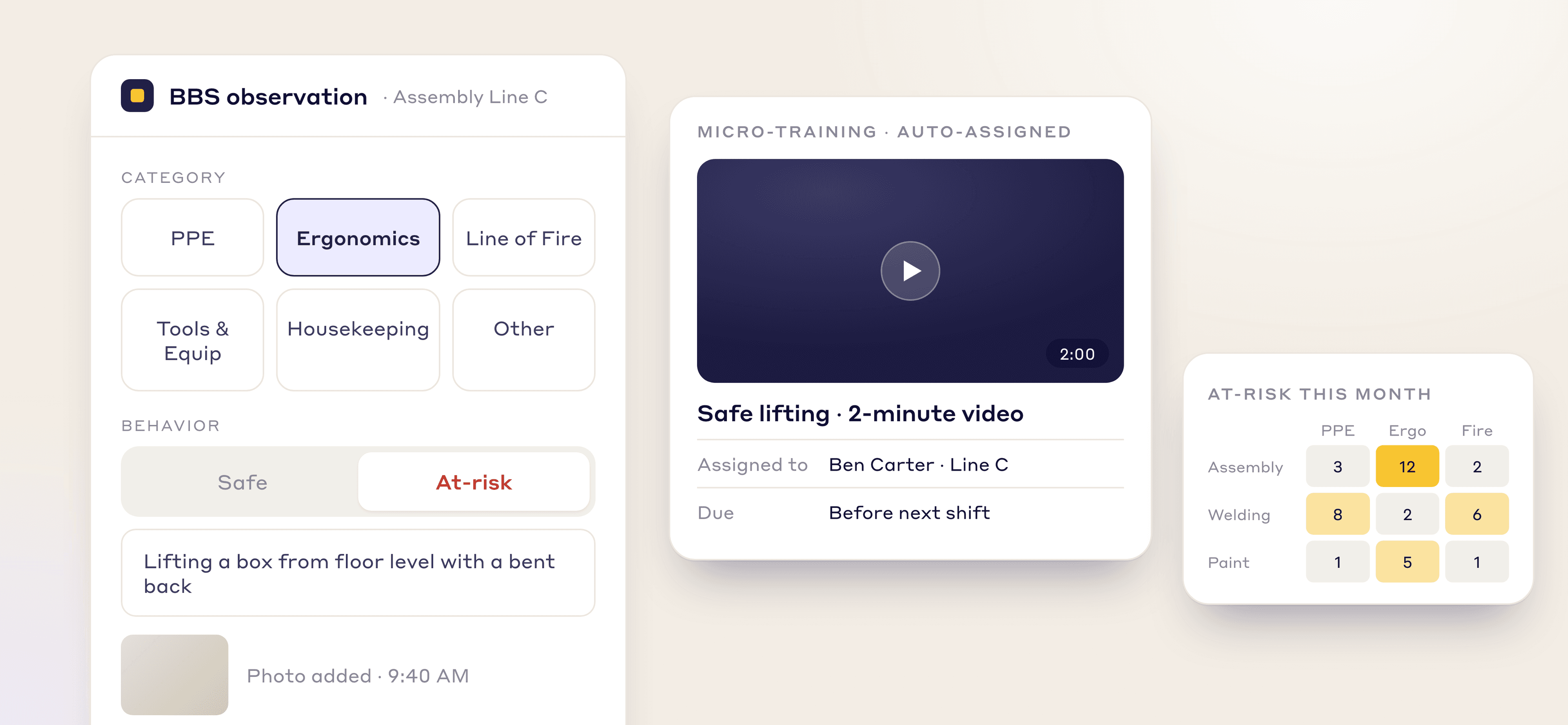 LeanSuite behavior-based safety observation of an at-risk behavior, the micro-training it assigns and an at-risk heatmap