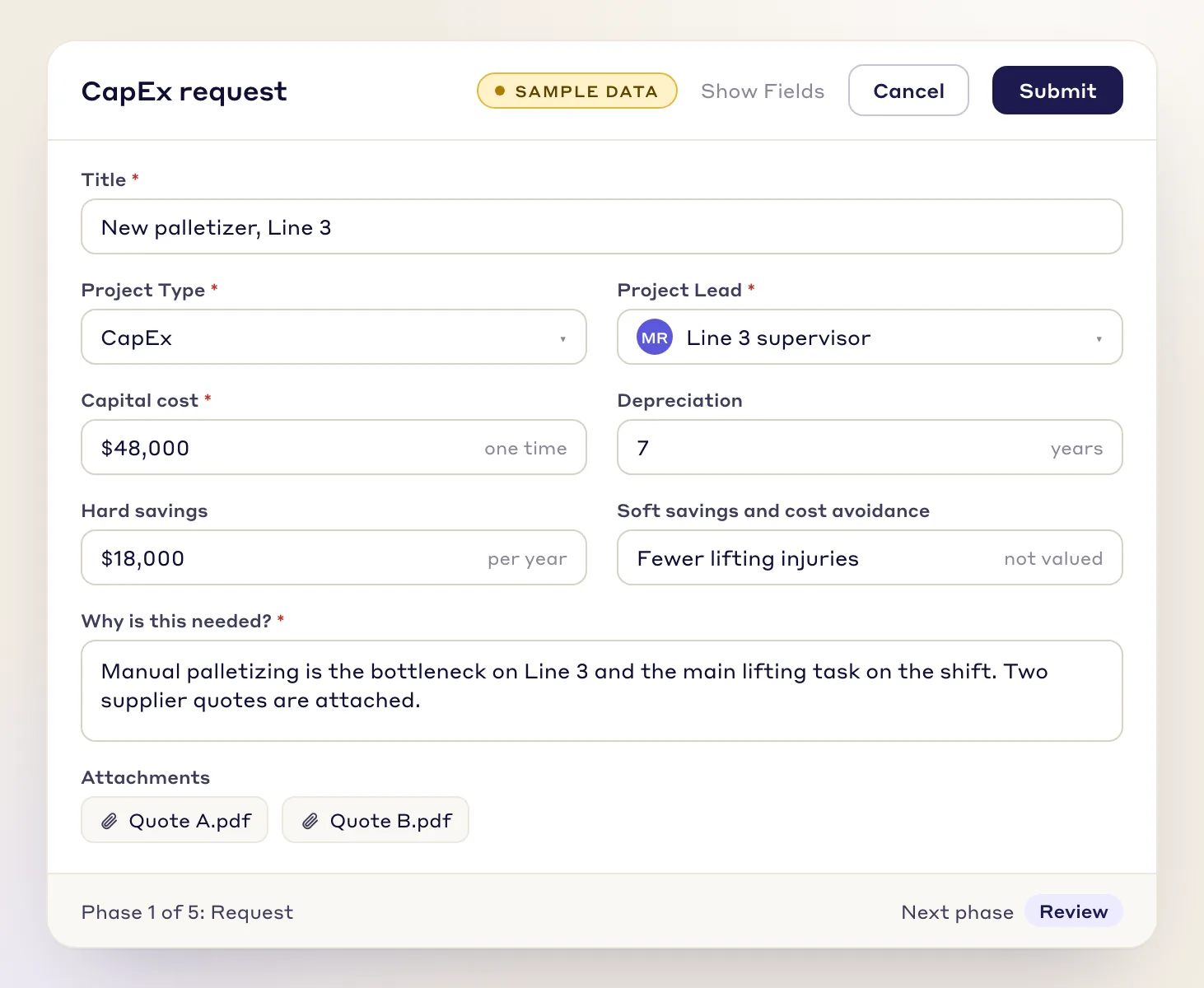 A CapEx request form with title, capital cost, depreciation, hard and soft savings and two quotes attached, sample data