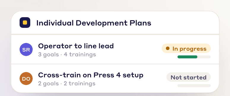 Create Individual Development Plans (IDPs) - Give each employee their own development plan: set goals together, assign specific training and track progress toward a clear career path.