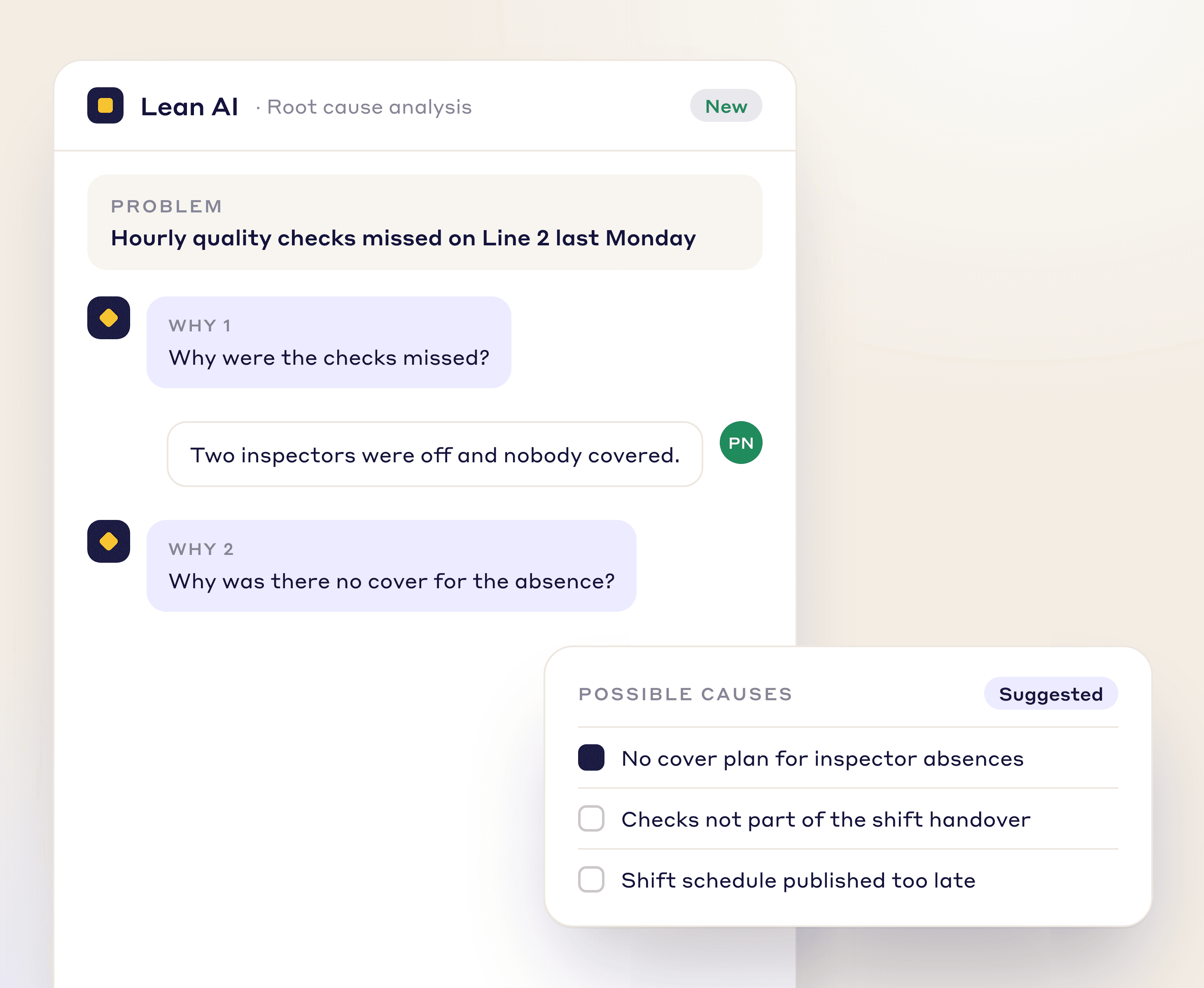 Lean AI working through why hourly checks were missed on Line 2 and suggesting possible causes such as no cover plan for absences