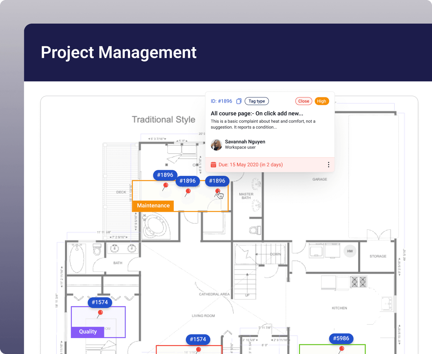 Plant floor plan with open tags pinned to the areas and machines they were raised on