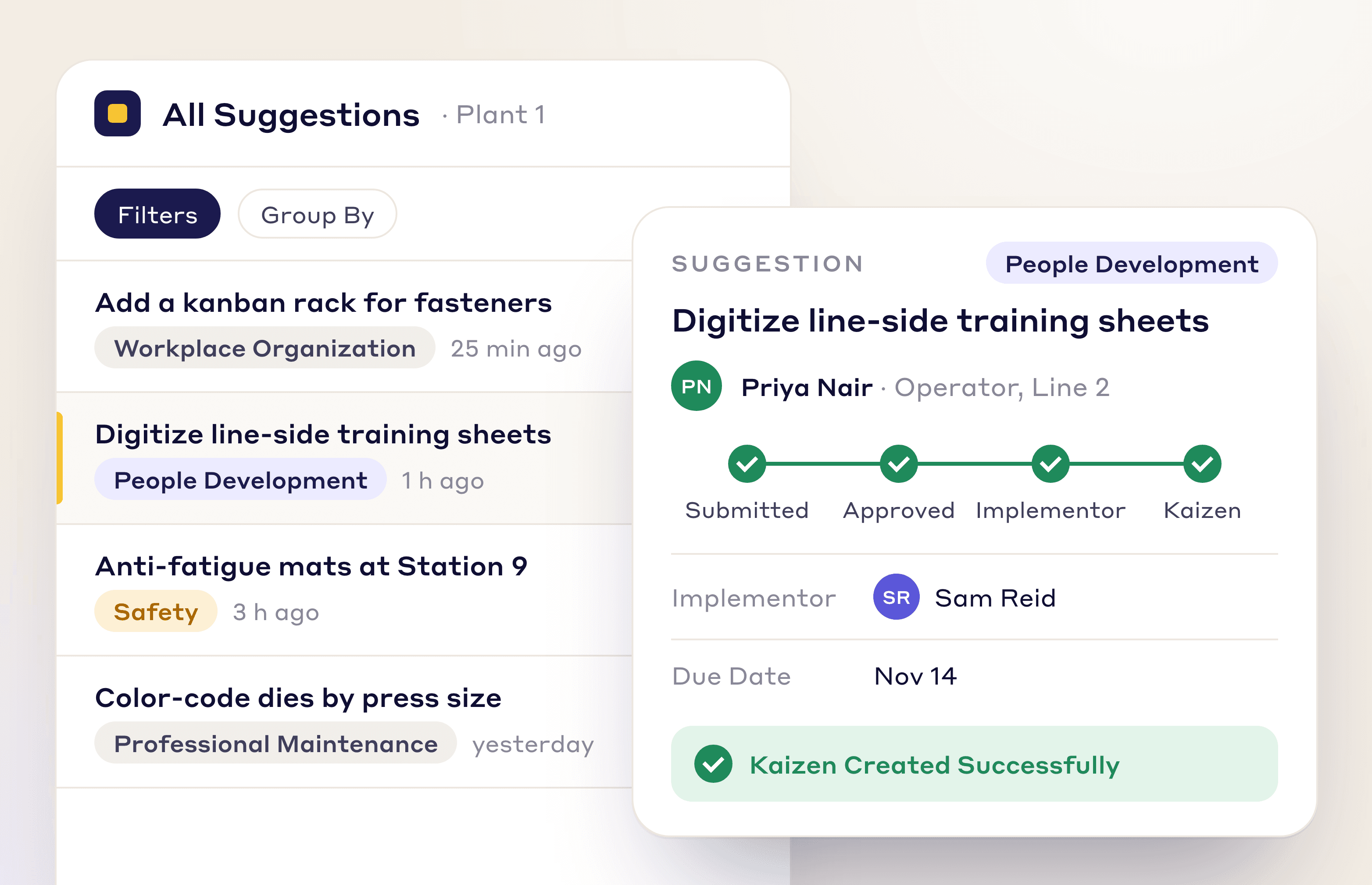 LeanSuite Idea Management: a list of suggestions and one moving from submitted to approved, implemented and Kaizen