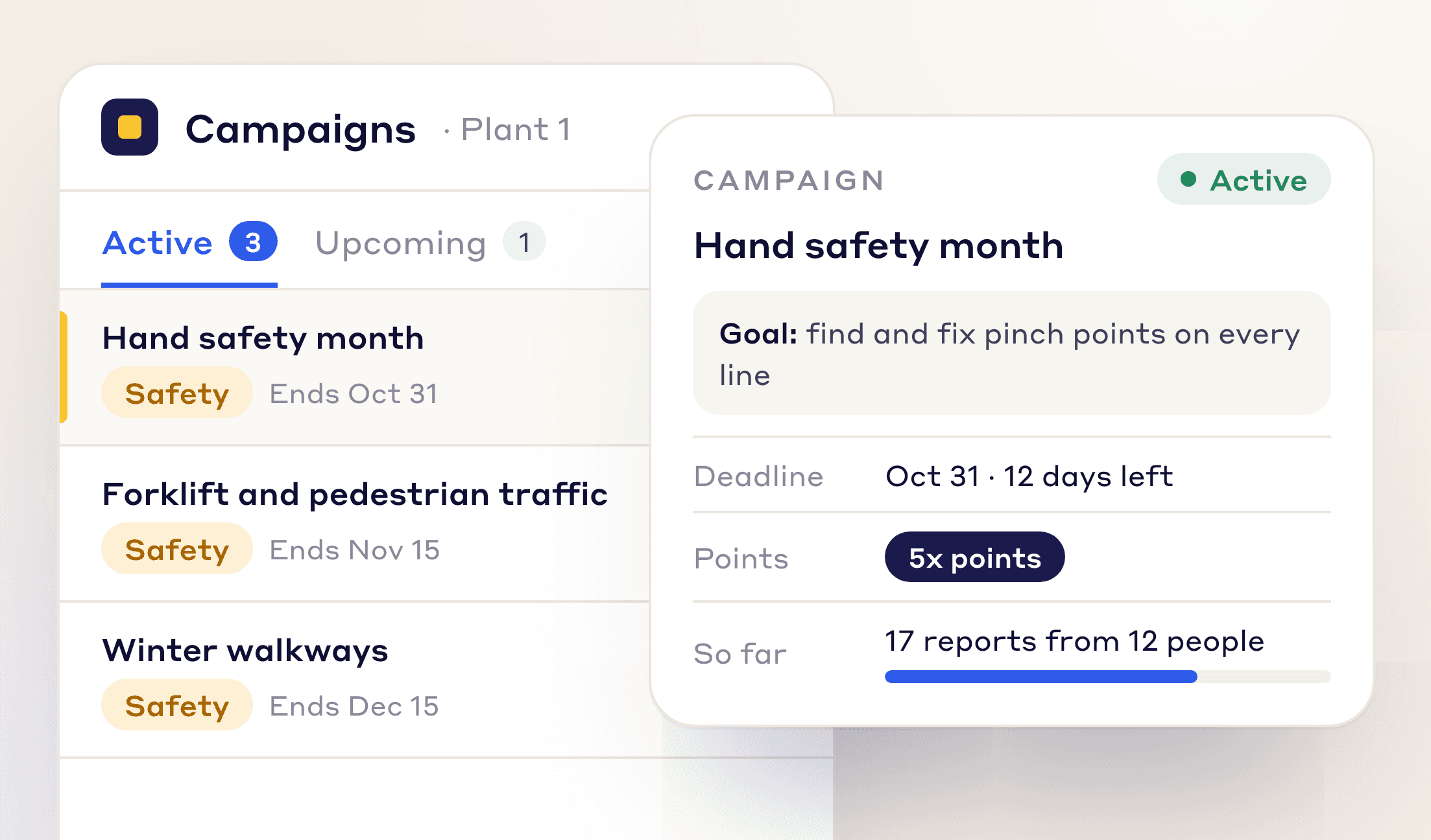 Safety campaigns, with a hand safety month to find and fix pinch points that has 17 reports from 12 people so far