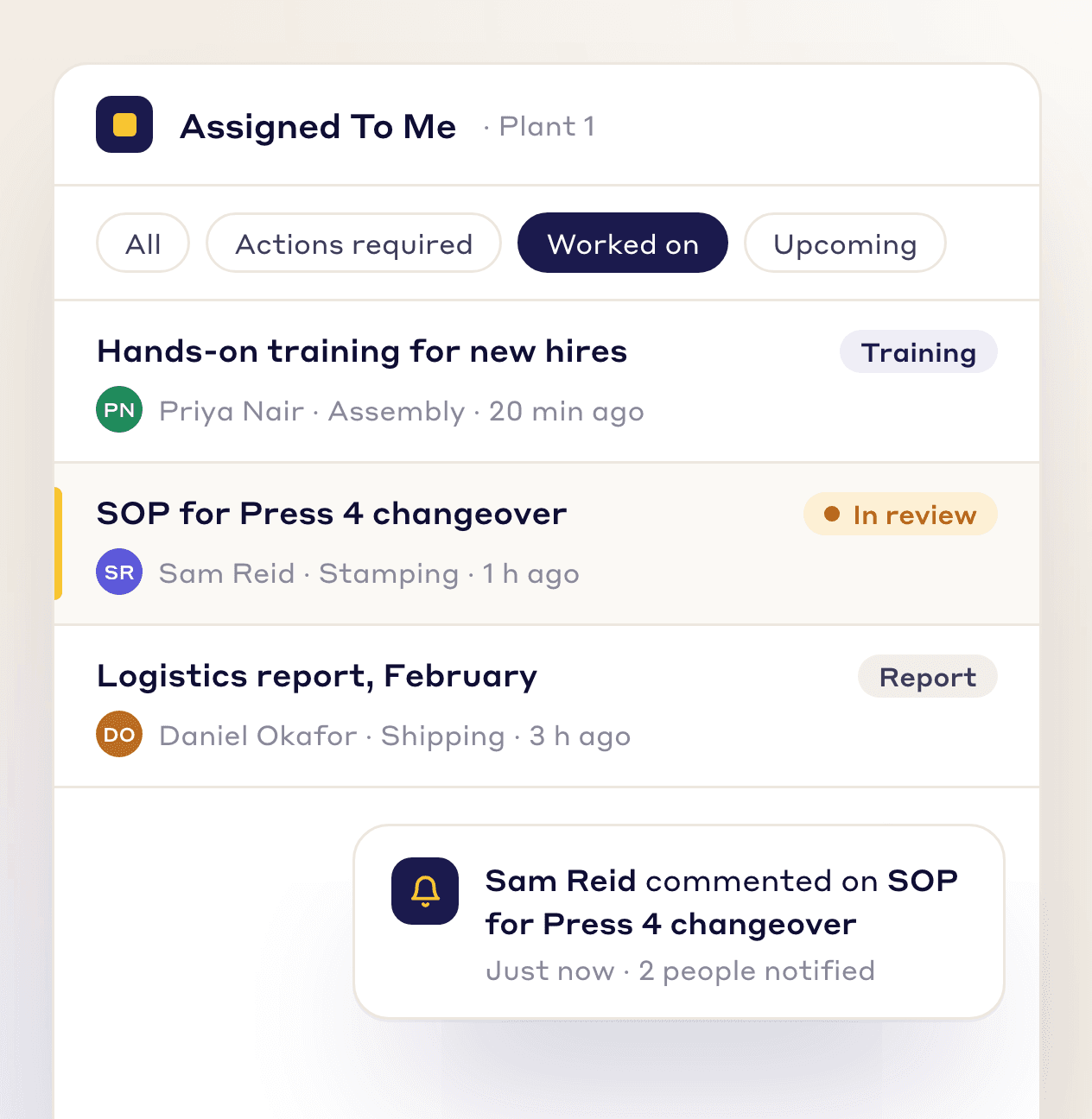 Task list filtered to Worked on, with a notification that a teammate commented on an SOP