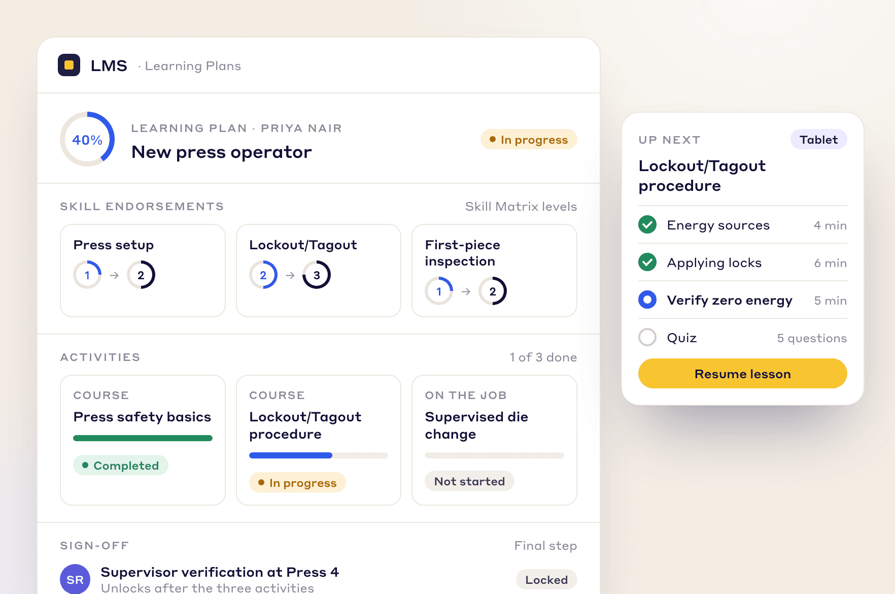 LeanSuite learning plan for a new press operator: course progress, skill endorsements and the lesson up next