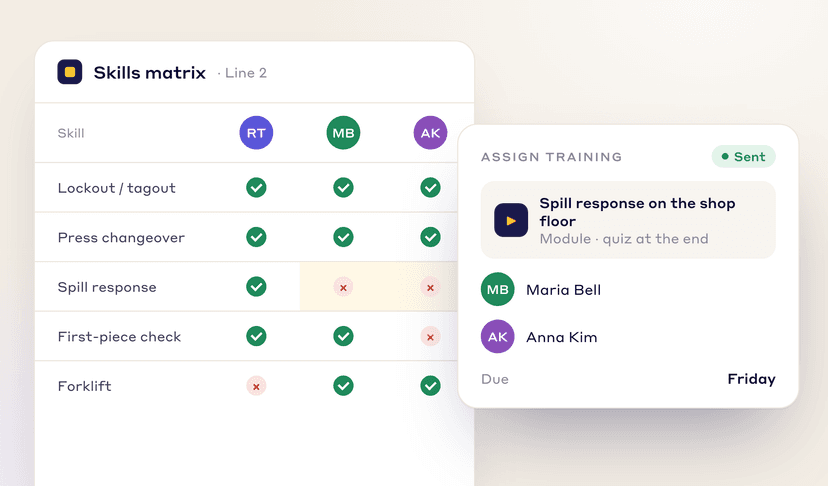 Skills matrix showing a spill response gap and the training module assigned to fill it