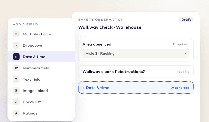 Field list with dropdown, date and time, numbers, text, image upload, check list and ratings next to a safety observation form