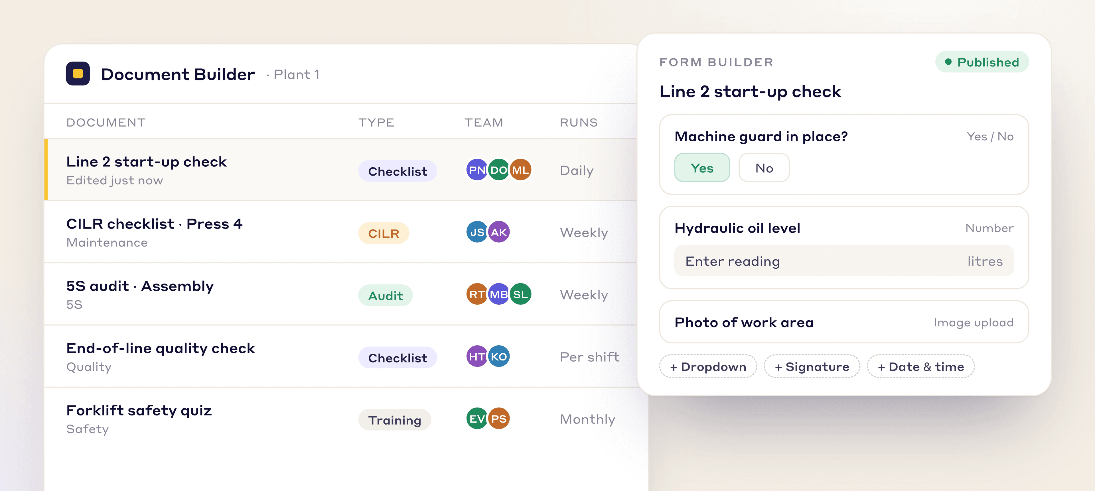 LeanSuite Document Builder: checklists, audits and training for Plant 1, and a start-up check being built in the form builder