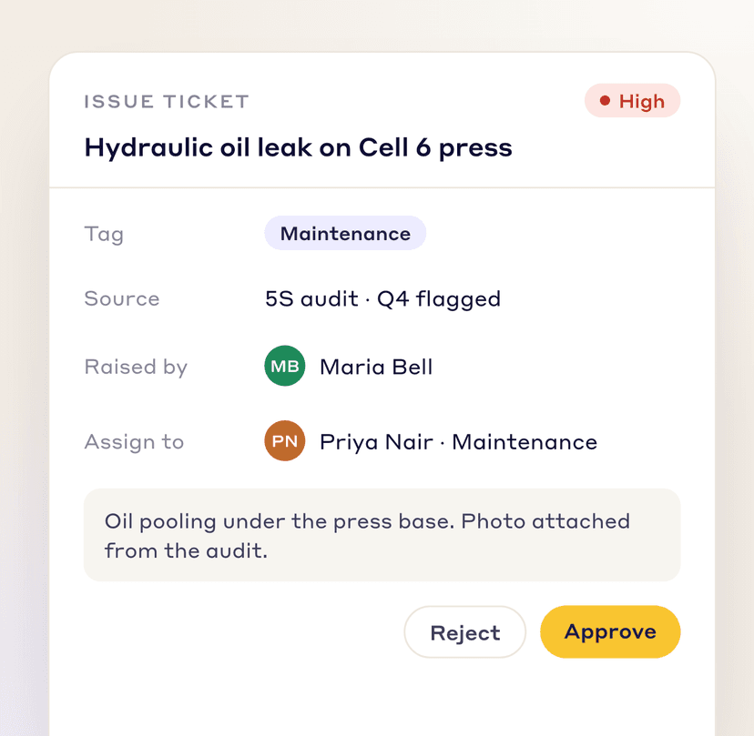 Maintenance issue ticket raised from a flagged 5S audit answer, waiting for approval