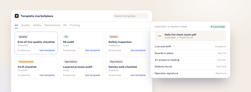 Template marketplace with quality, 5S, safety, maintenance and operations templates, next to a paper form converted into digital fields