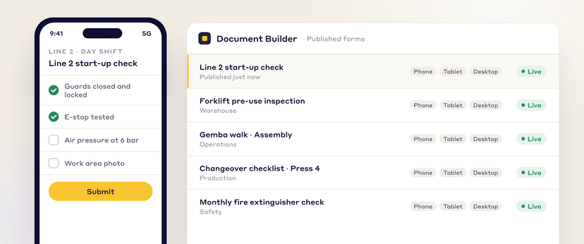 A start-up checklist on a phone next to the list of published forms, each live on phone, tablet and desktop