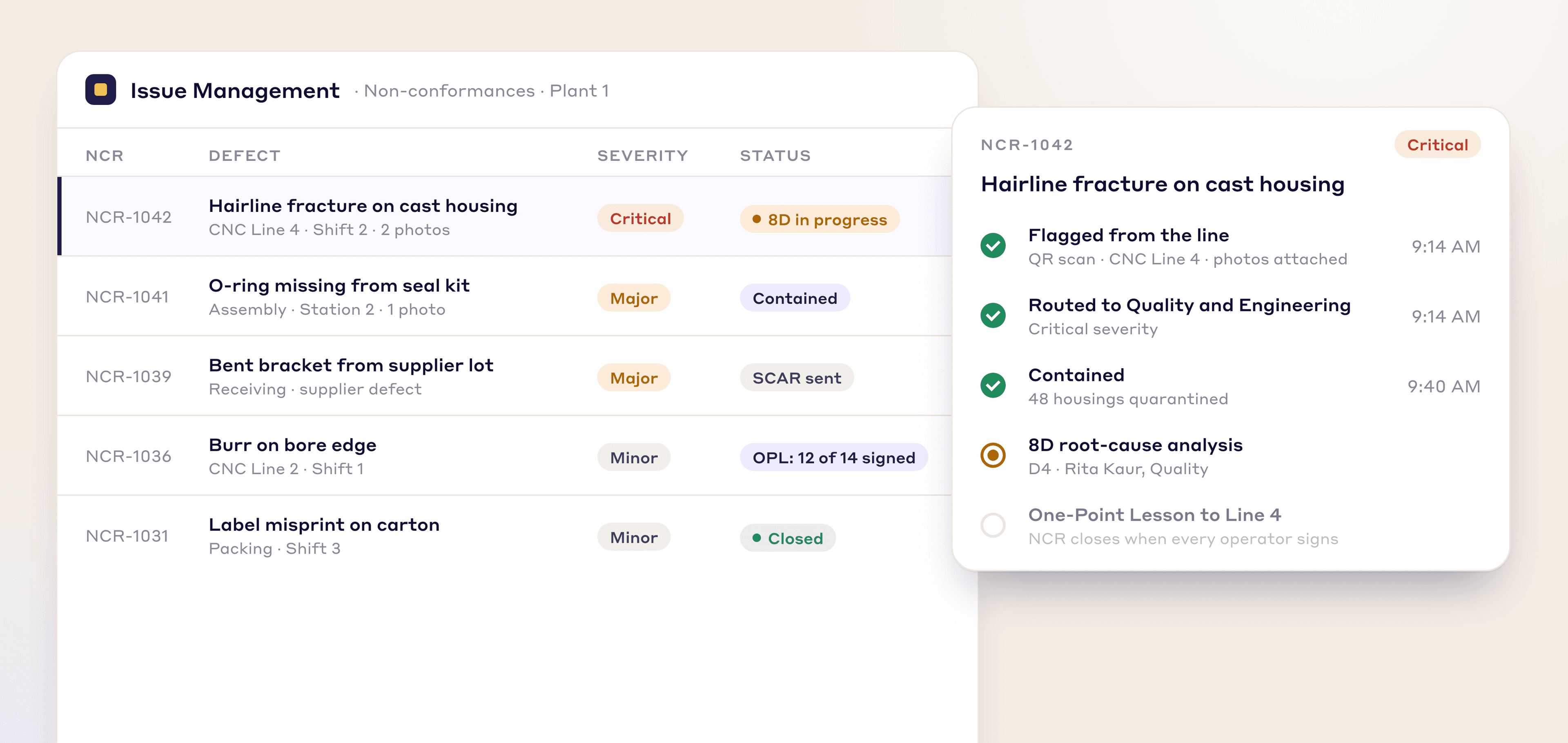 LeanSuite non-conformance list, and one NCR routed from containment to root cause analysis