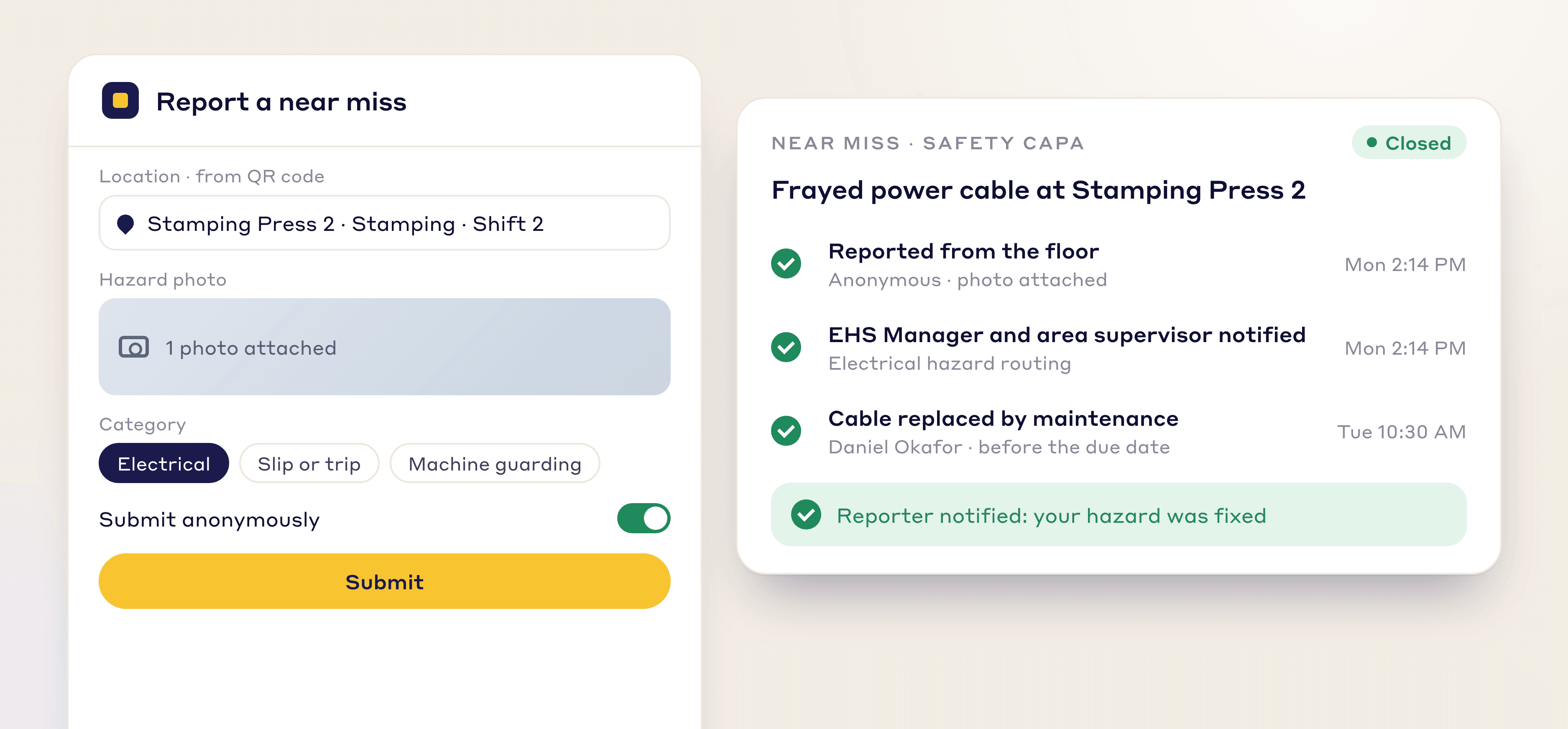 LeanSuite near miss report on a phone, and the safety CAPA it starts, from report to closed