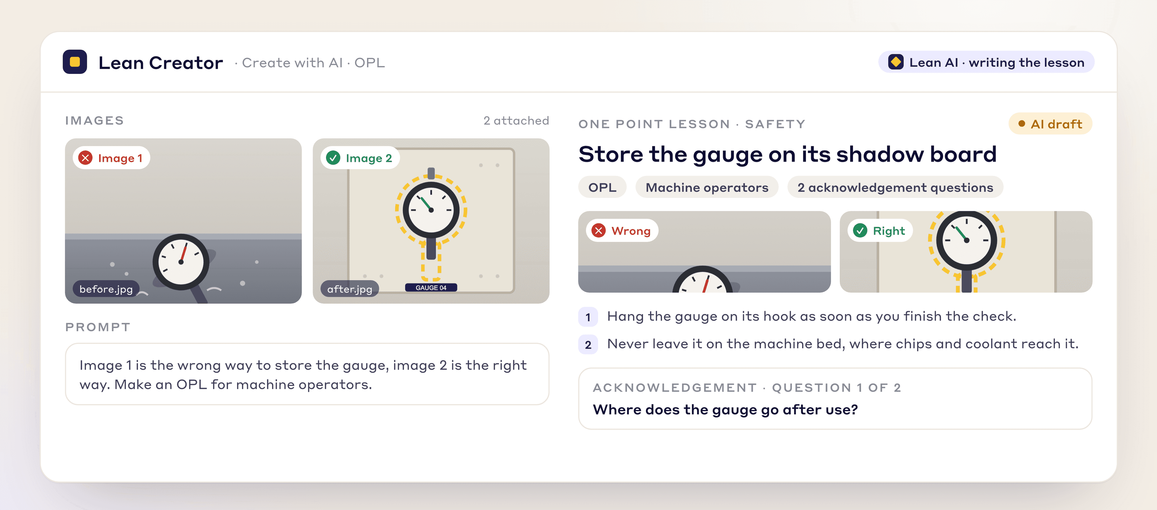 LeanSuite one point lesson drafted by AI from a before-and-after photo pair, with key points and an acknowledgement question