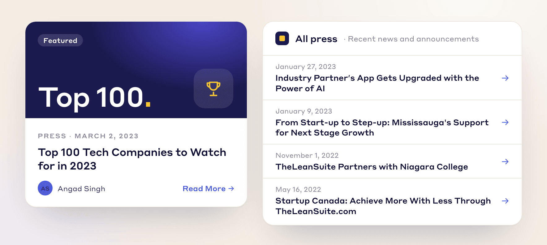LeanSuite press coverage: Top 100 Tech Companies to Watch for in 2023, a partnership with Niagara College and a Startup Canada feature