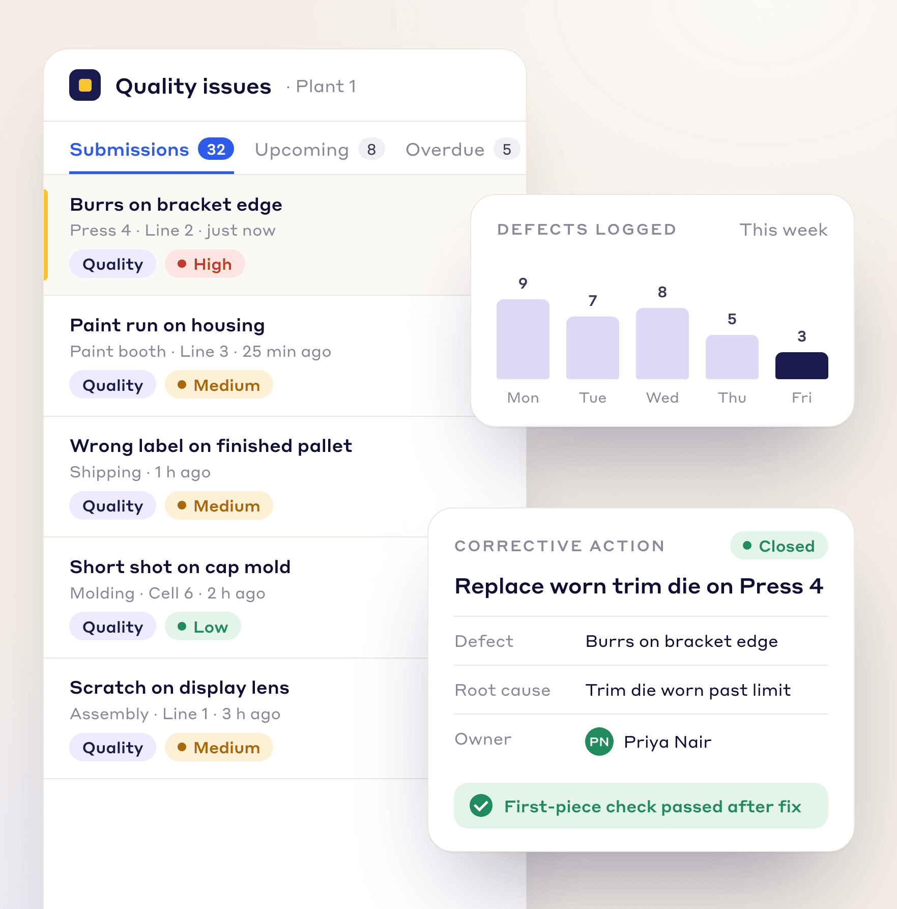 LeanSuite quality issues list, the defects logged this week and a closed corrective action