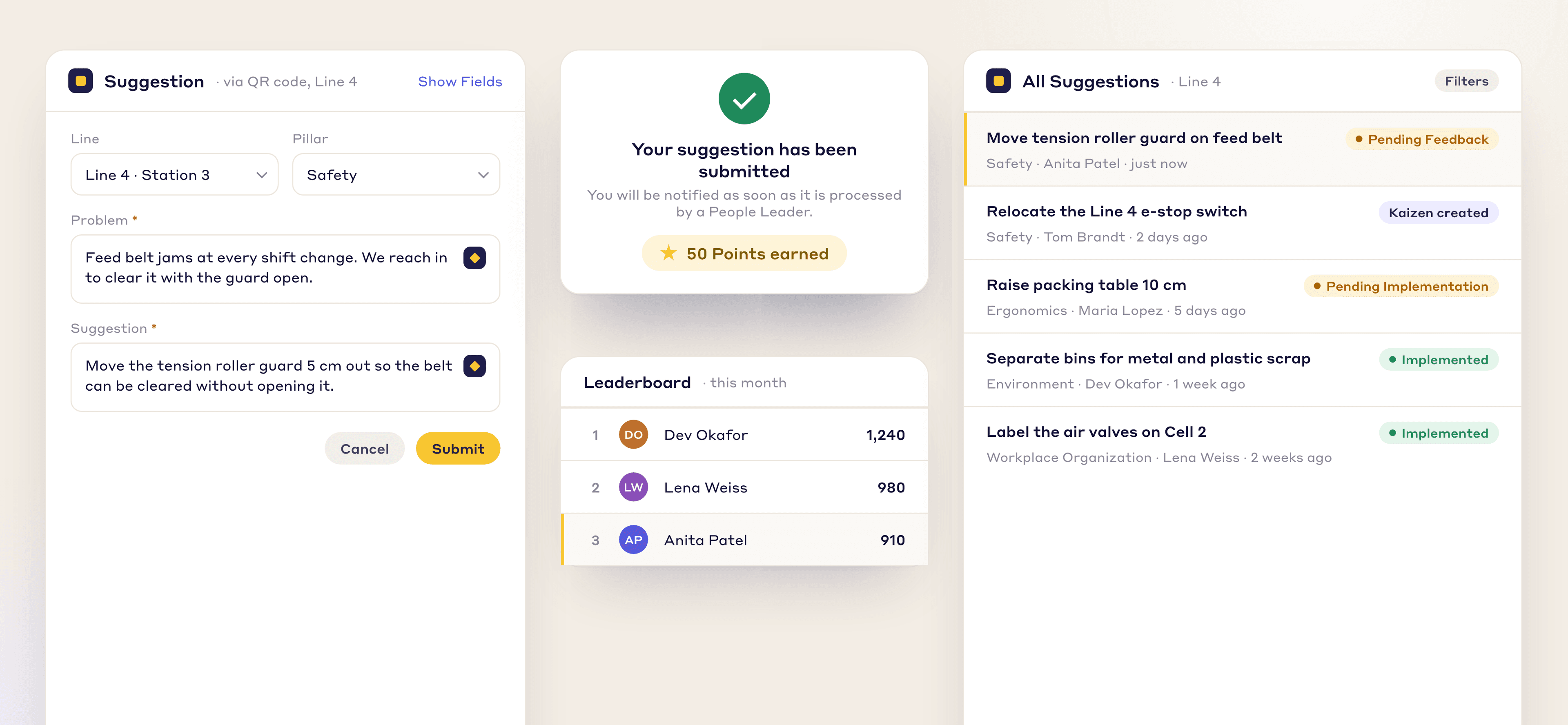 LeanSuite suggestion submitted with points earned, the leaderboard and the suggestion list