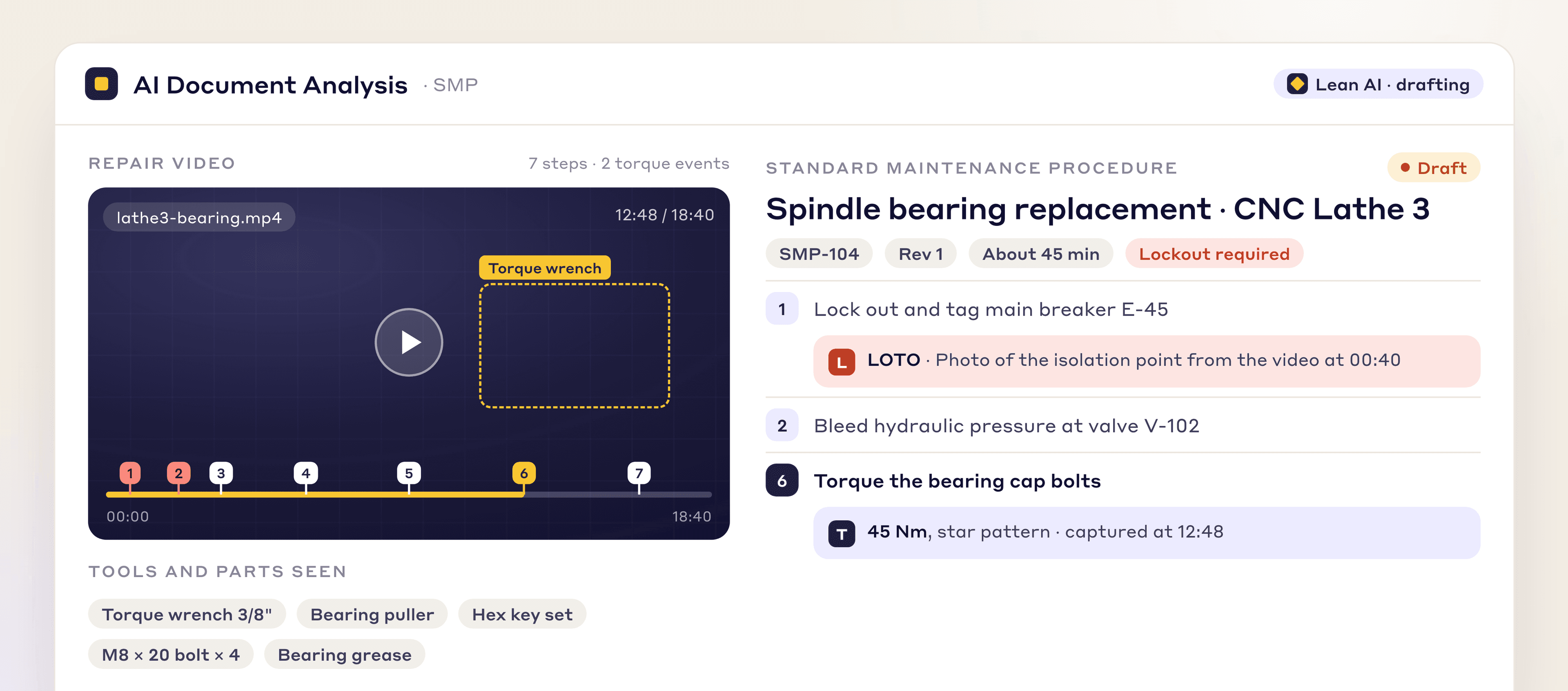 LeanSuite AI maintenance procedure: a repair video and the SMP written from it, with a lockout step, tools and torque values
