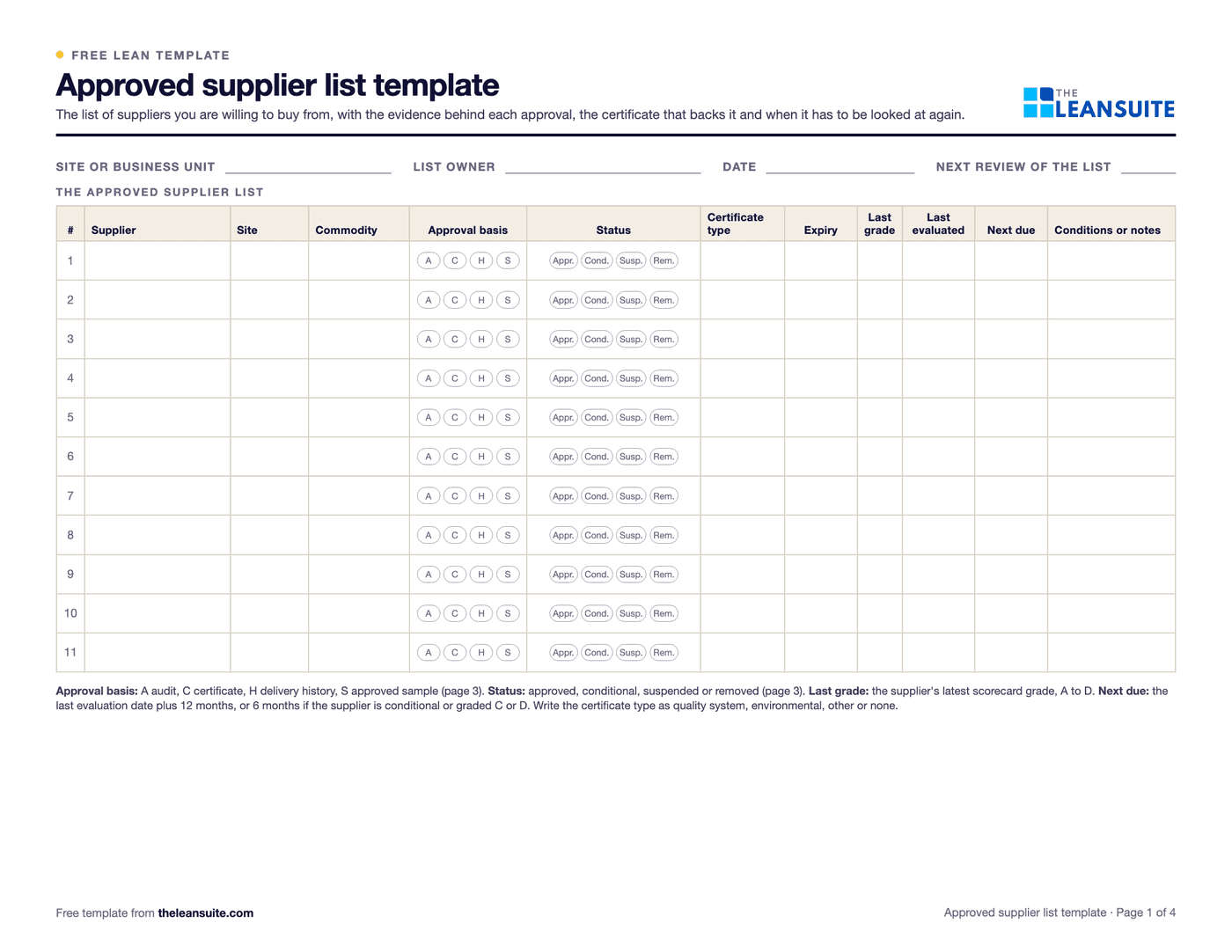 Page 1 of the approved supplier list template