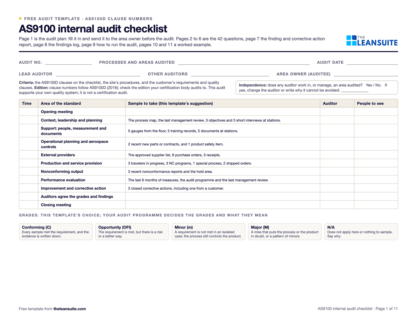 Page 1 of the AS9100 internal audit checklist