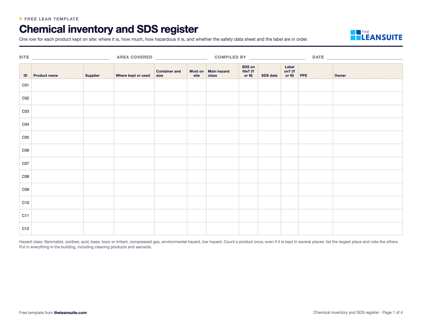 Page 1 of the chemical inventory and SDS register template