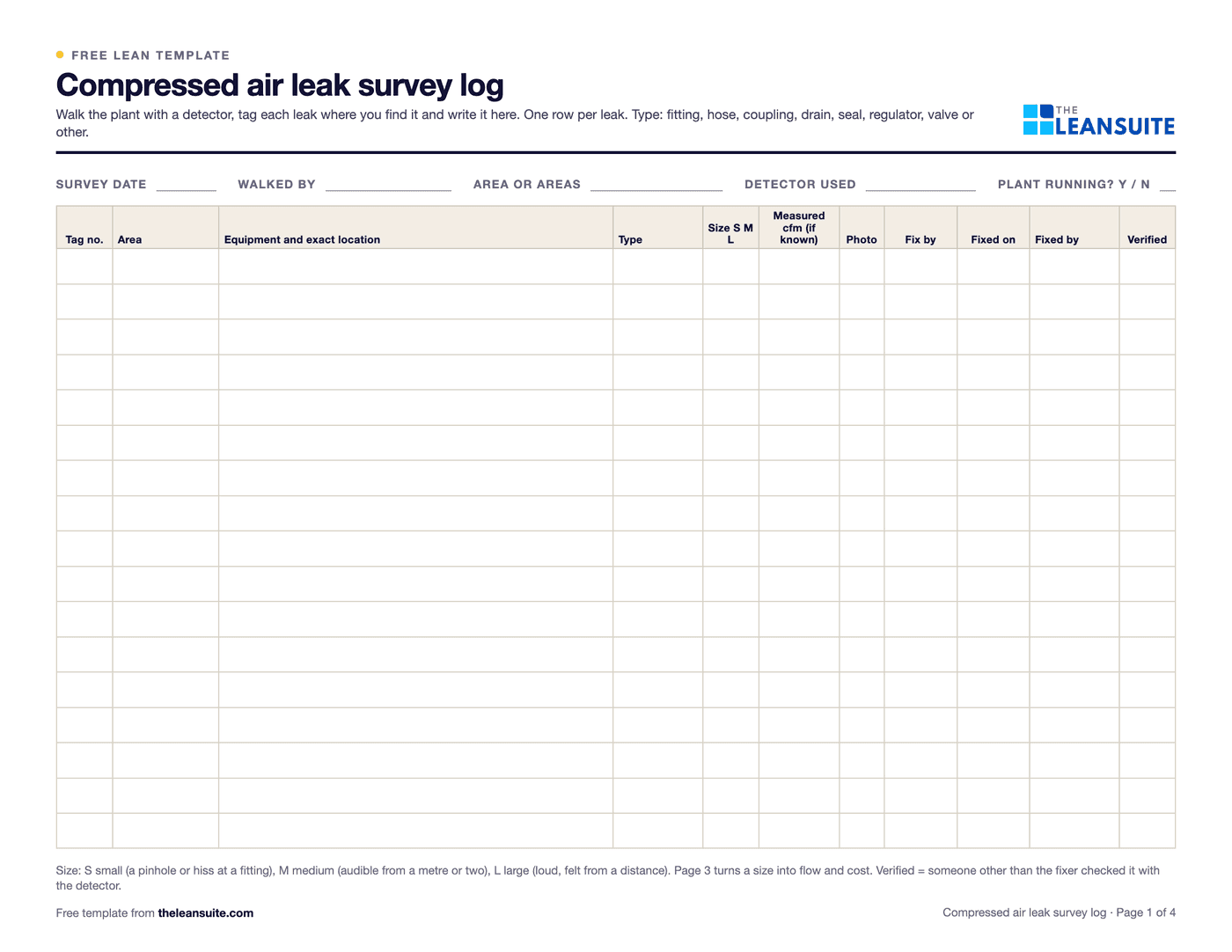 Page 1 of the compressed air leak survey log