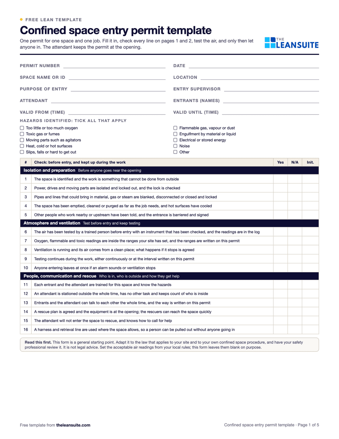 Page 1 of the confined space entry permit template