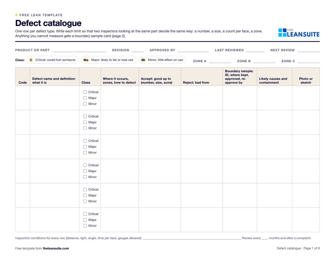 Page 1 of the defect catalogue template