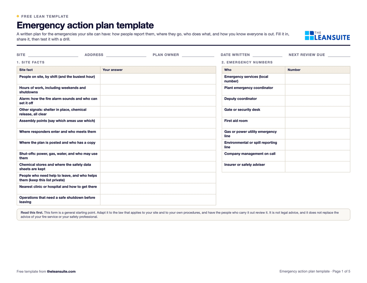 Emergency Action Plan Template: PDF and Excel | LeanSuite