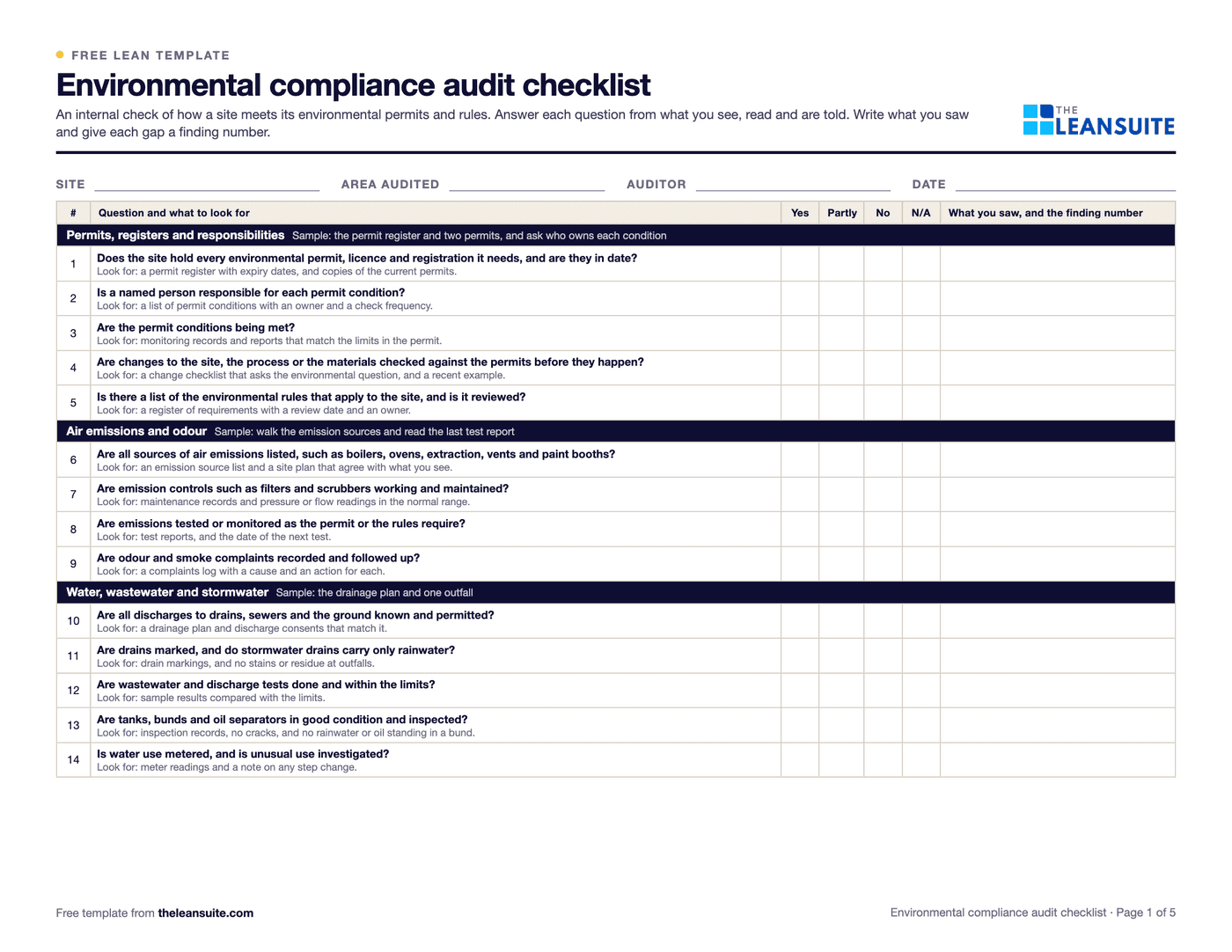 Page 1 of the environmental compliance audit checklist