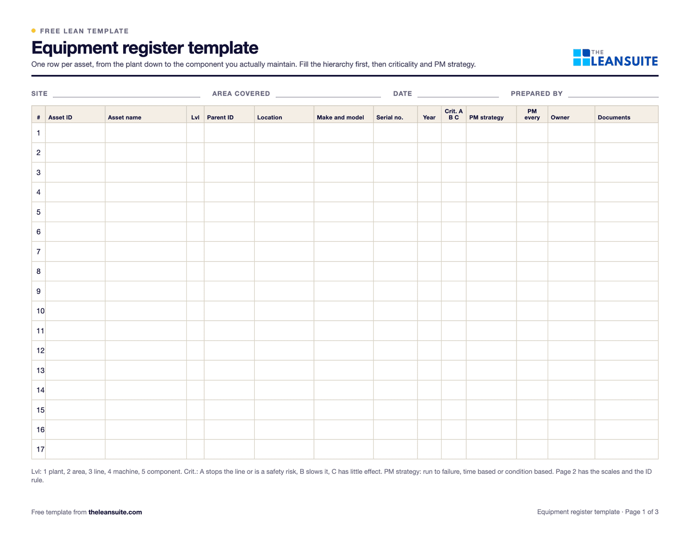 Page 1 of the equipment register template