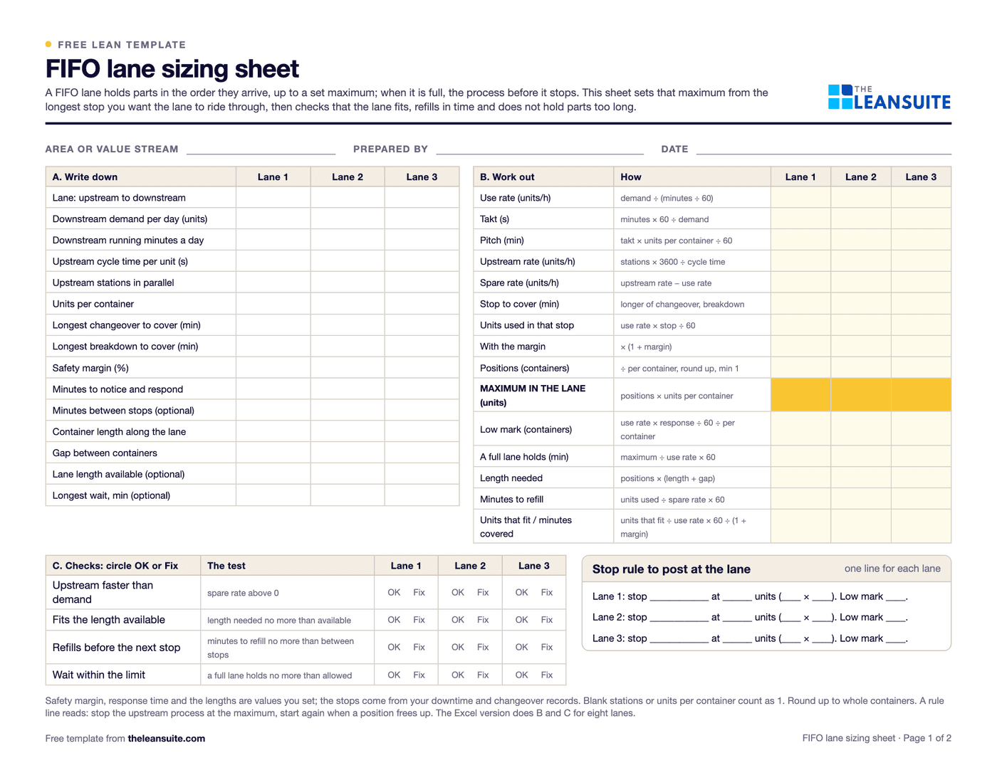 Page 1 of the FIFO lane sizing sheet