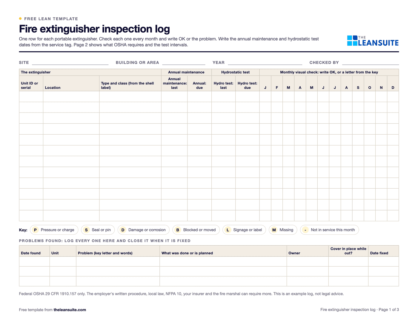 Page 1 of the fire extinguisher inspection log