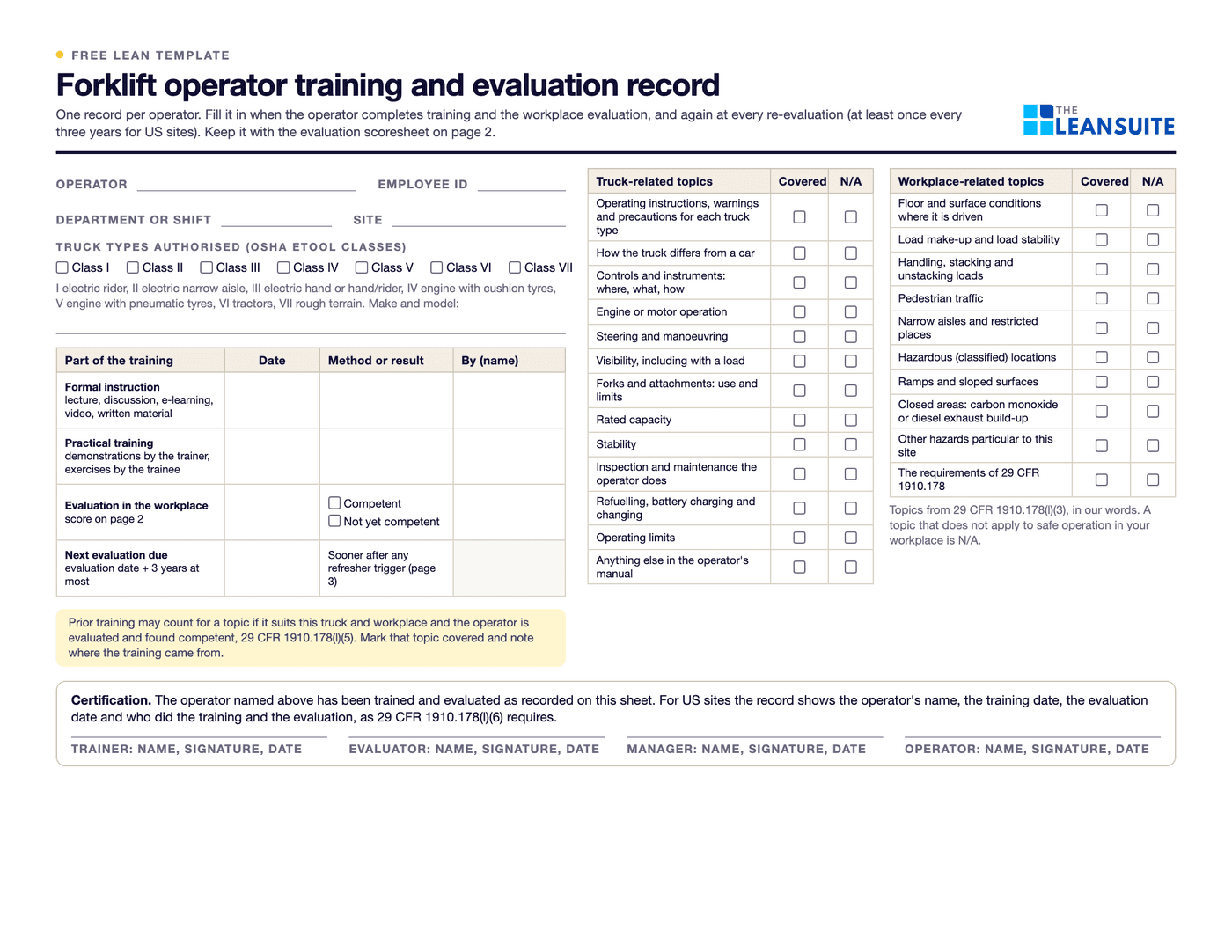 Page 1 of the forklift operator training and evaluation record