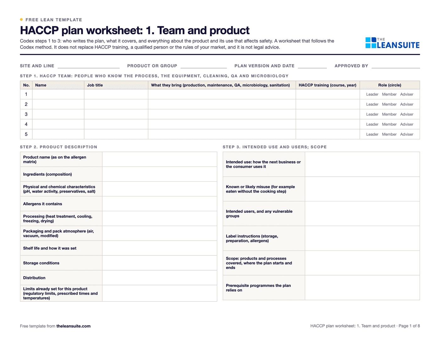 Page 1 of the HACCP plan worksheet