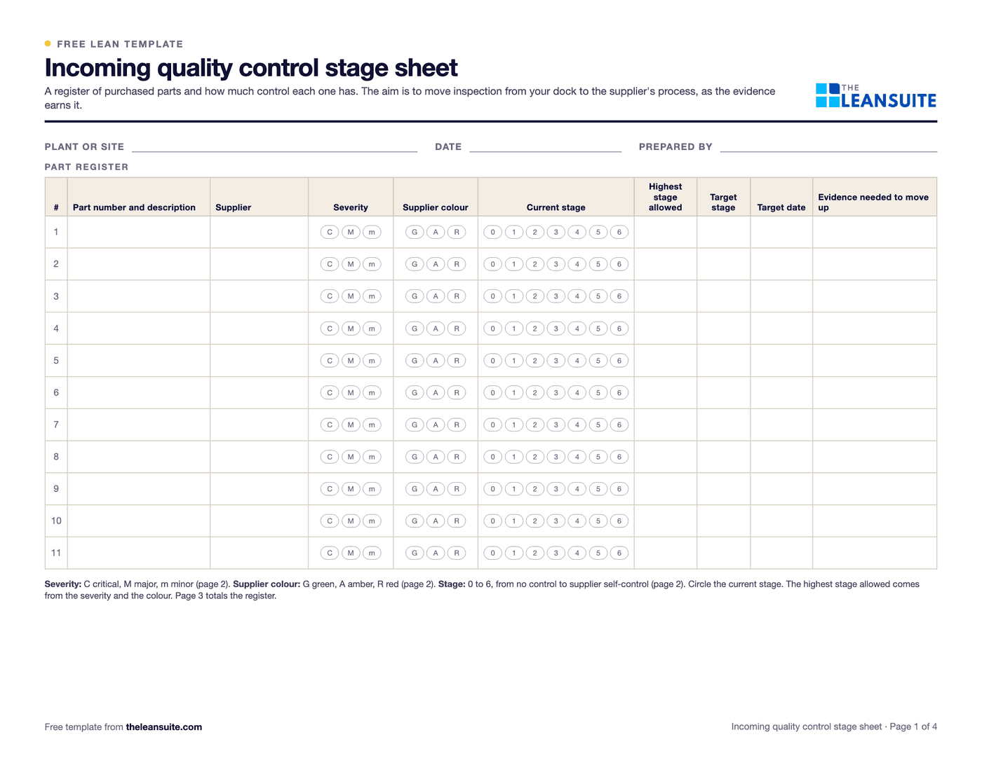 Page 1 of the incoming quality control stage sheet