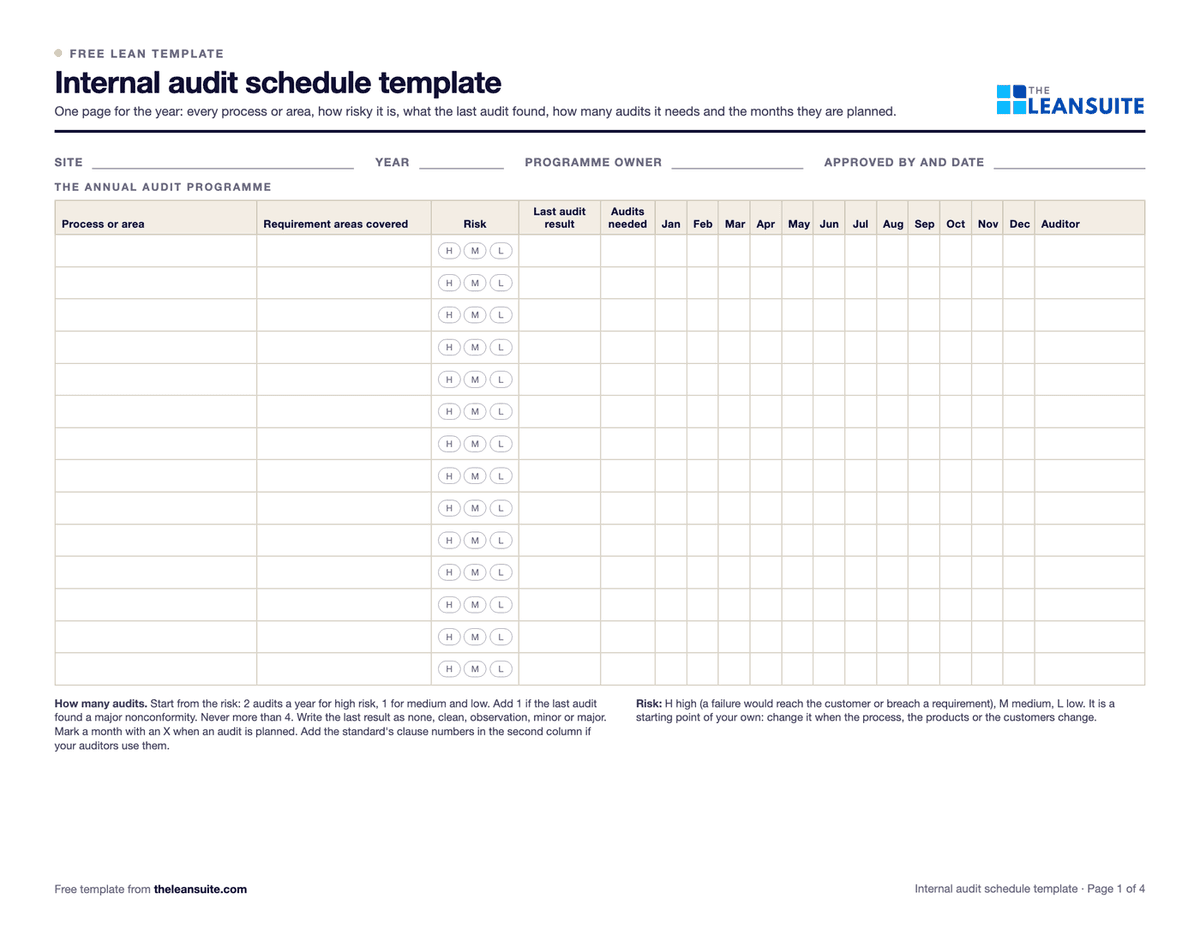 Internal Audit Schedule Template: Excel and PDF | LeanSuite