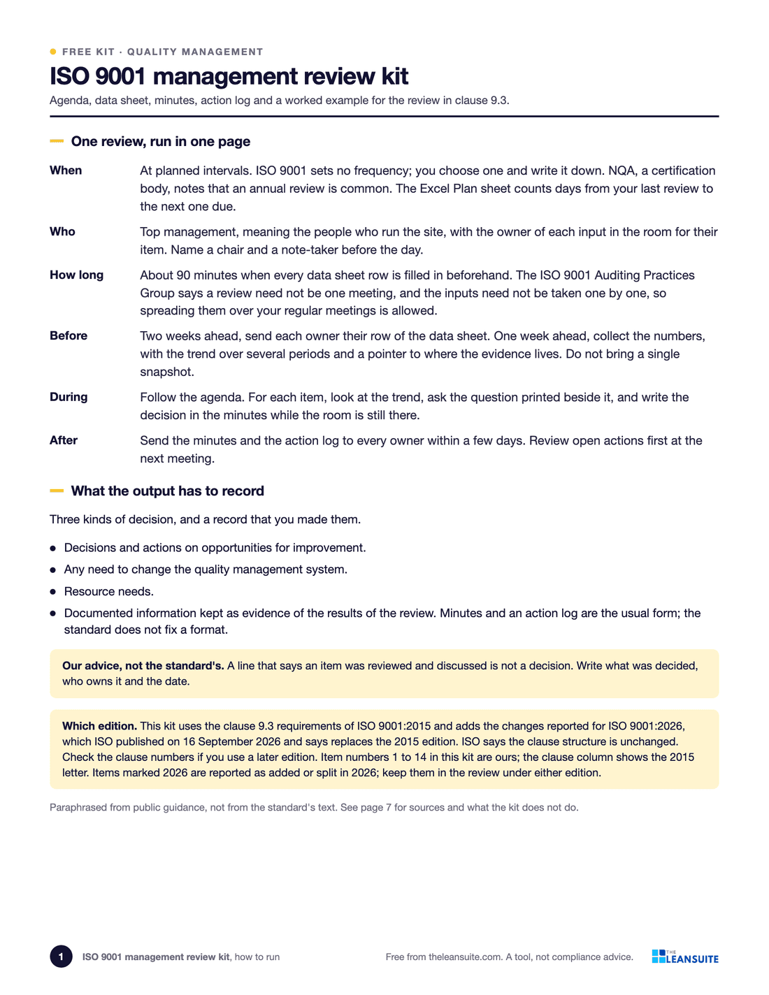 Page 1 of the ISO 9001 management review kit
