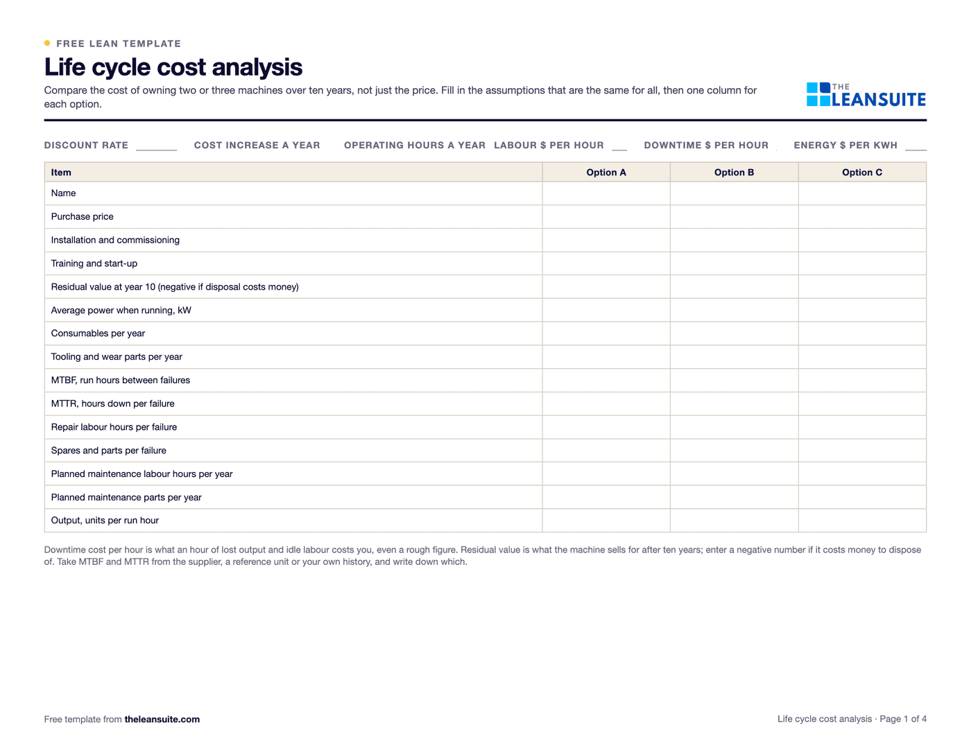 Page 1 of the life cycle cost analysis template