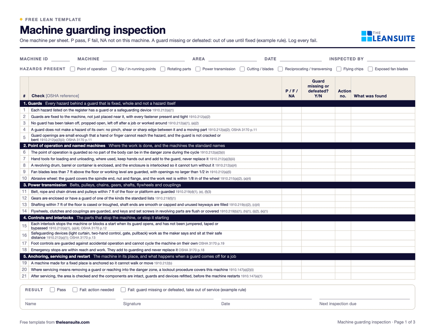 Page 1 of the machine guarding inspection sheet