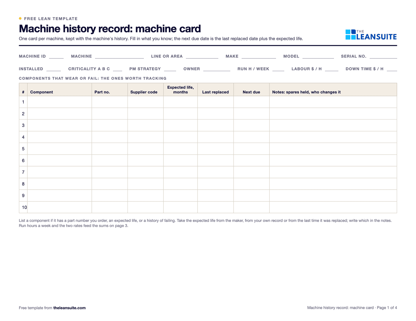 Page 1 of the machine history record template