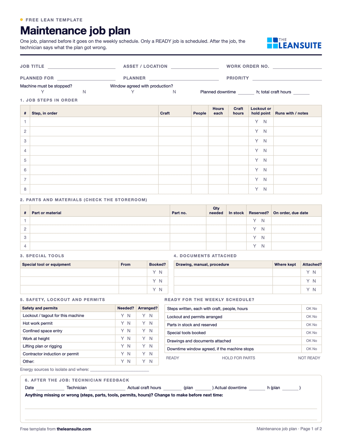 Page 1 of the maintenance job plan