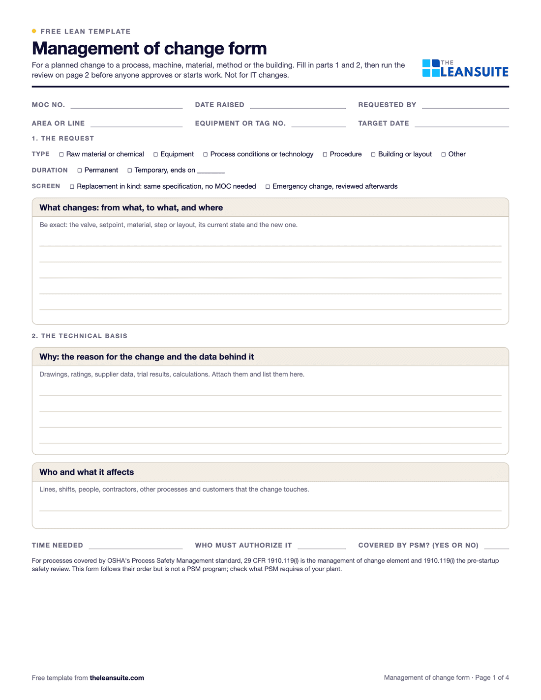 Page 1 of the management of change form
