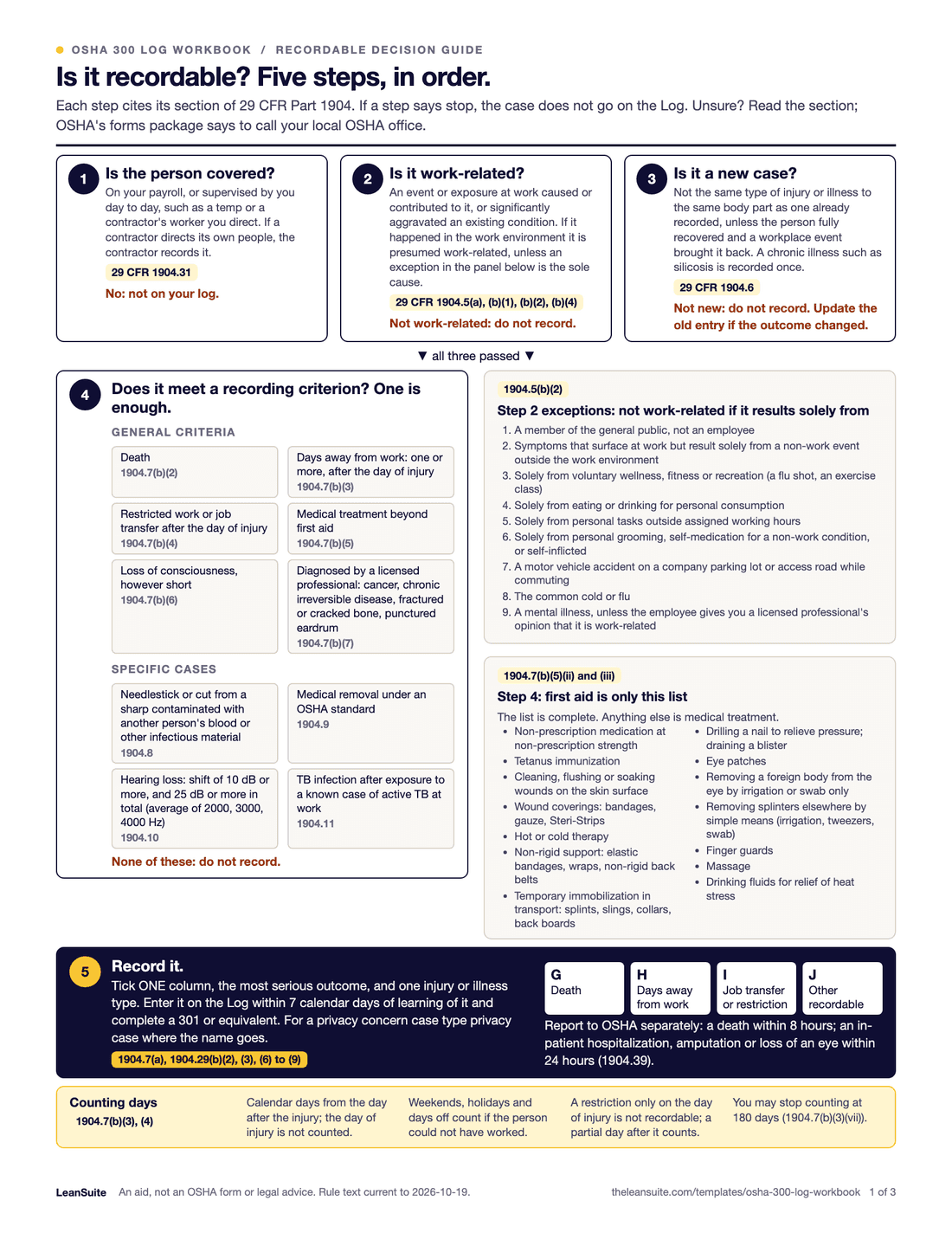 Page 1 of the OSHA 300 log workbook guide