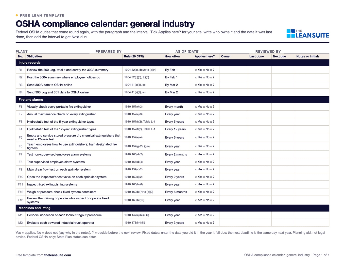 Page 1 of the OSHA compliance calendar