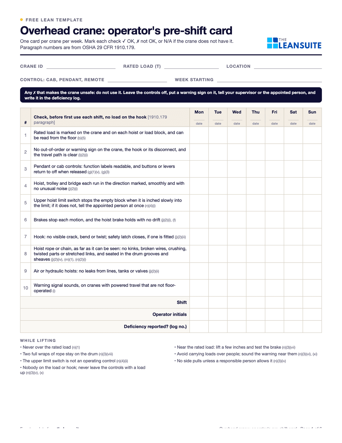 Page 1 of the overhead crane inspection checklist