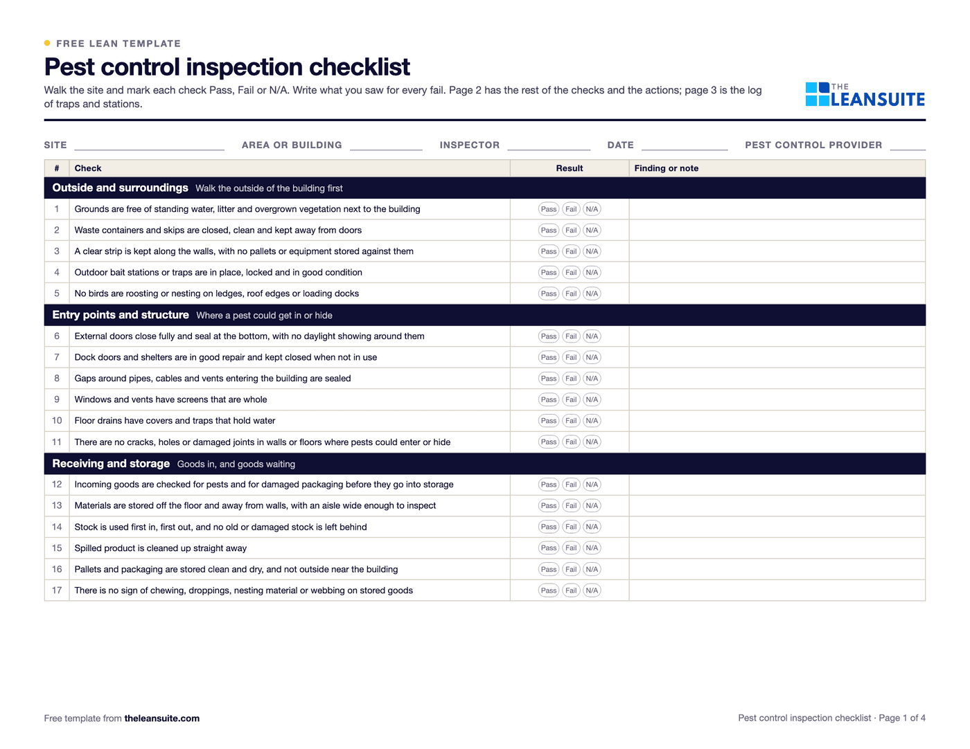 Page 1 of the pest control inspection checklist
