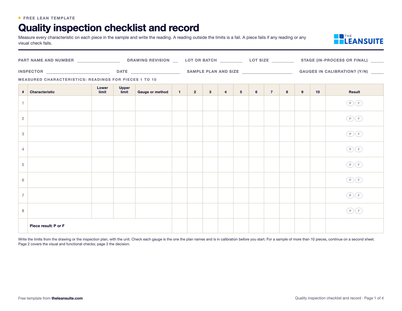 Page 1 of the quality inspection checklist